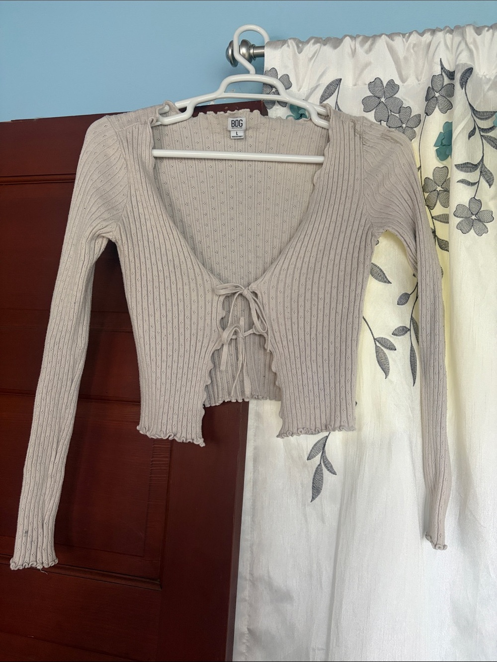 BDG Ribbed Tie-Front Long Sleeve Top in cream